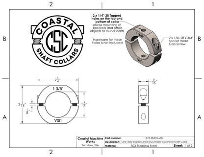 1.375" Diameter – Mountable Clamping Two Piece Shaft Collar - 303 Stainless Steel
