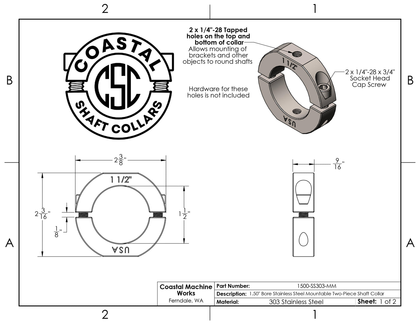 1.50" Diameter – Mountable Clamping Two Piece Shaft Collar - 303 Stainless Steel