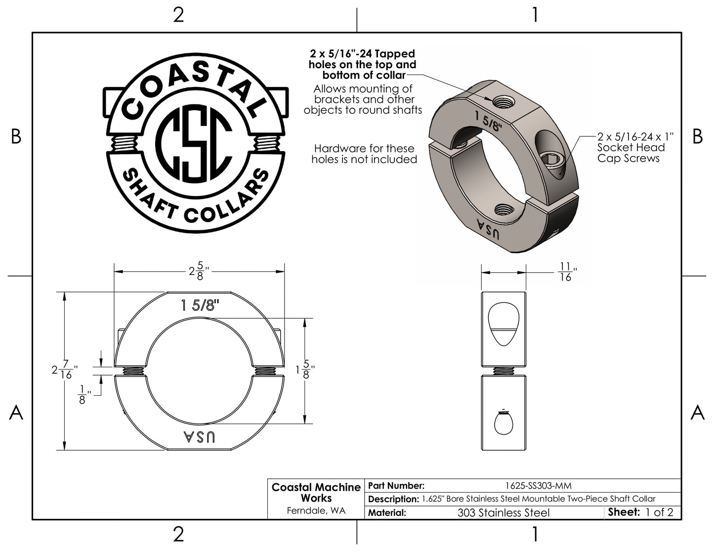 1.625" Diameter – Mountable Clamping Two Piece Shaft Collar - 303 Stainless Steel