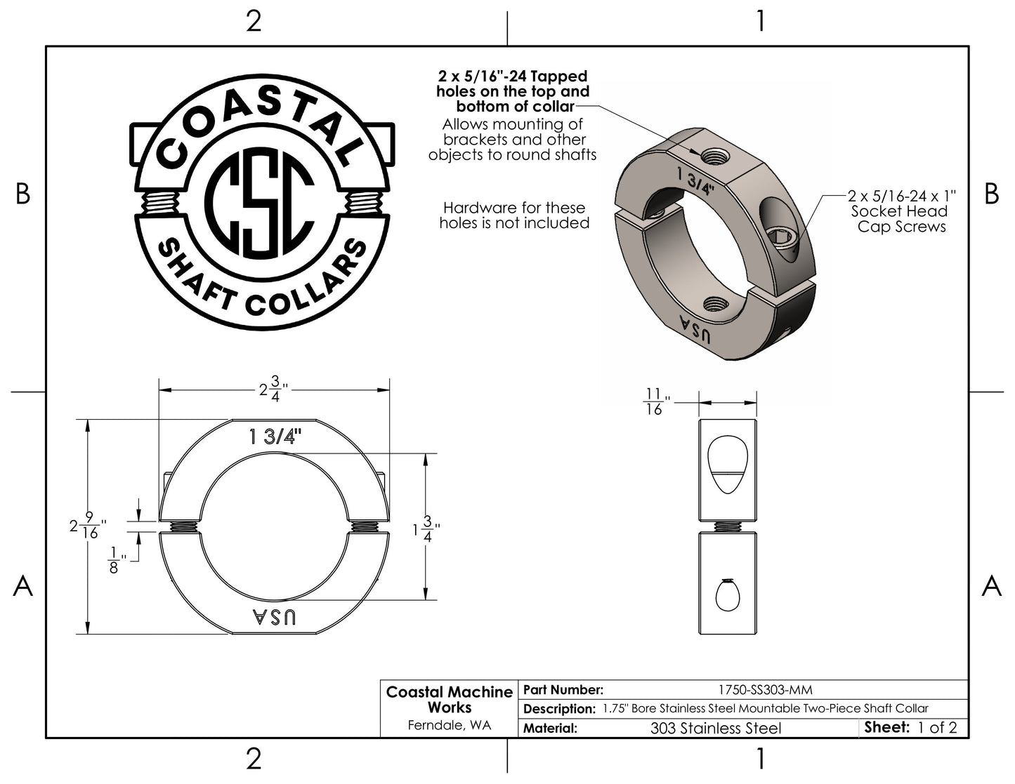 1.75" Diameter – Mountable Clamping Two Piece Shaft Collar - 303 Stainless Steel