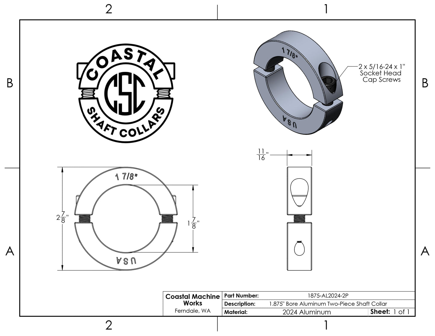 1.875" Diameter - Clamping Two Piece Shaft Collar - 2024 Aluminum
