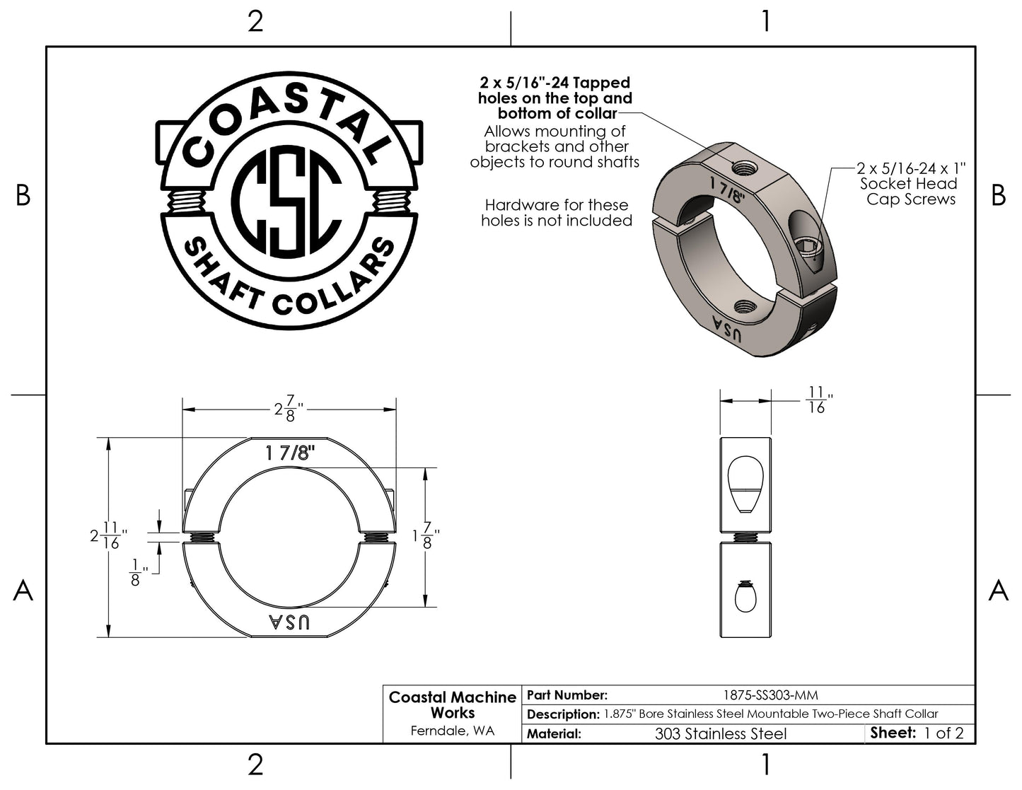 1.875" Diameter – Mountable Clamping Two Piece Shaft Collar - 303 Stainless Steel