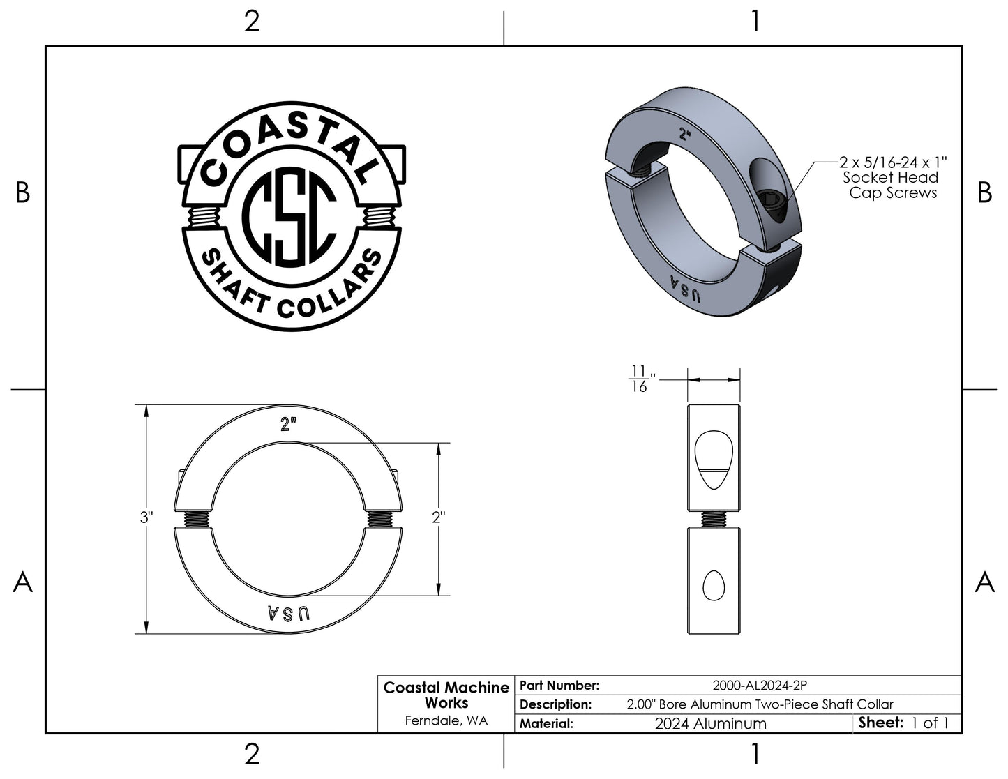 2.00" Diameter - Clamping Two Piece Shaft Collar - 2024 Aluminum