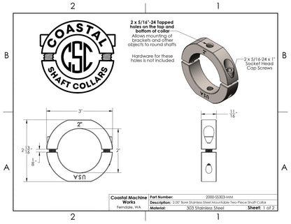 2.00" Diameter – Mountable Clamping Two Piece Shaft Collar - 303 Stainless Steel
