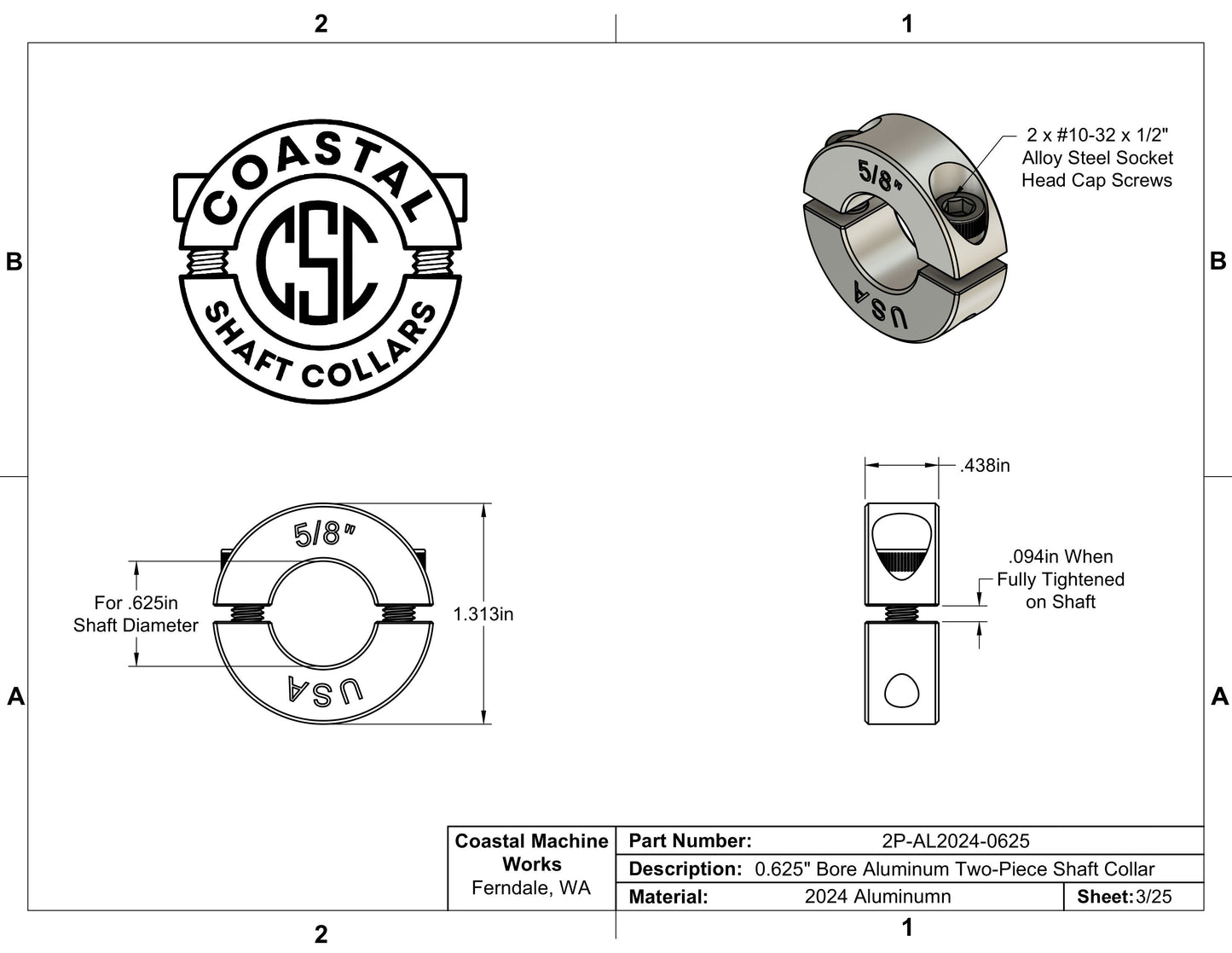 0.625" Diameter - Clamping Two Piece Shaft Collar - 2024 Aluminum
