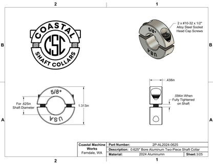 0.625" Diameter - Clamping Two Piece Shaft Collar - 2024 Aluminum