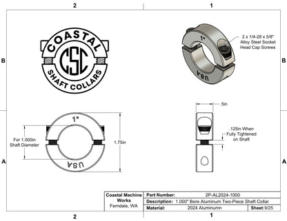 1.00" Diameter - Clamping Two Piece Shaft Collar - 2024 Aluminum