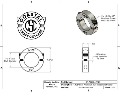 1.125" Diameter - Clamping Two Piece Shaft Collar - 2024 Aluminum
