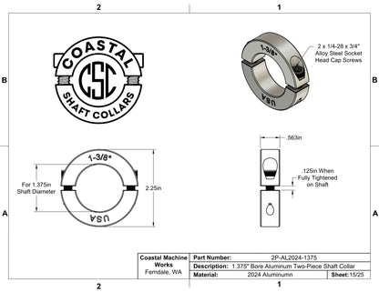 1.375" Diameter - Clamping Two Piece Shaft Collar - 2024 Aluminum