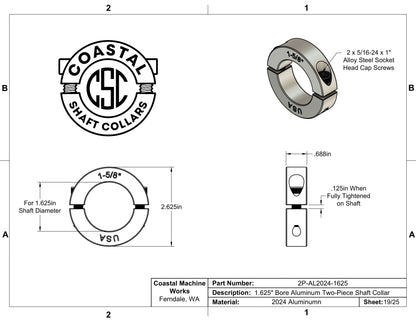1.625" Diameter - Clamping Two Piece Shaft Collar - 2024 Aluminum