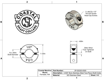 0.50" Diameter - Clamping Two Piece Shaft Collar - 303 Stainless Steel