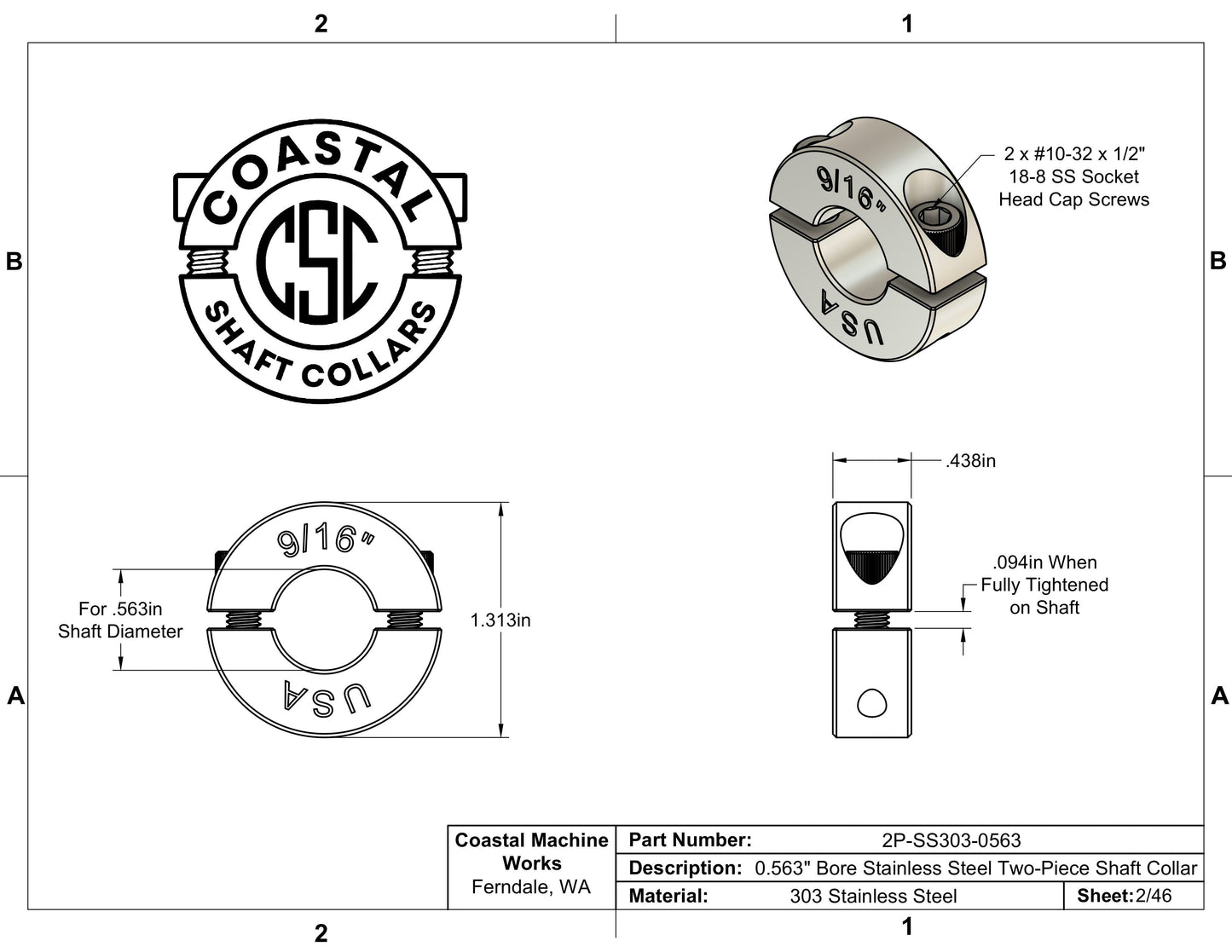 0.563" Diameter - Clamping Two Piece Shaft Collar - 303 Stainless Steel