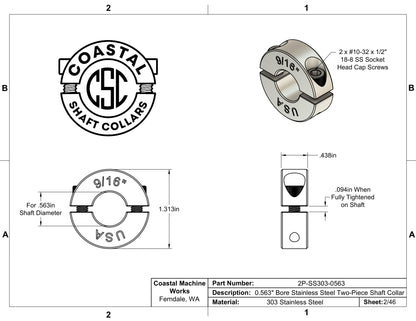 0.563" Diameter - Clamping Two Piece Shaft Collar - 303 Stainless Steel