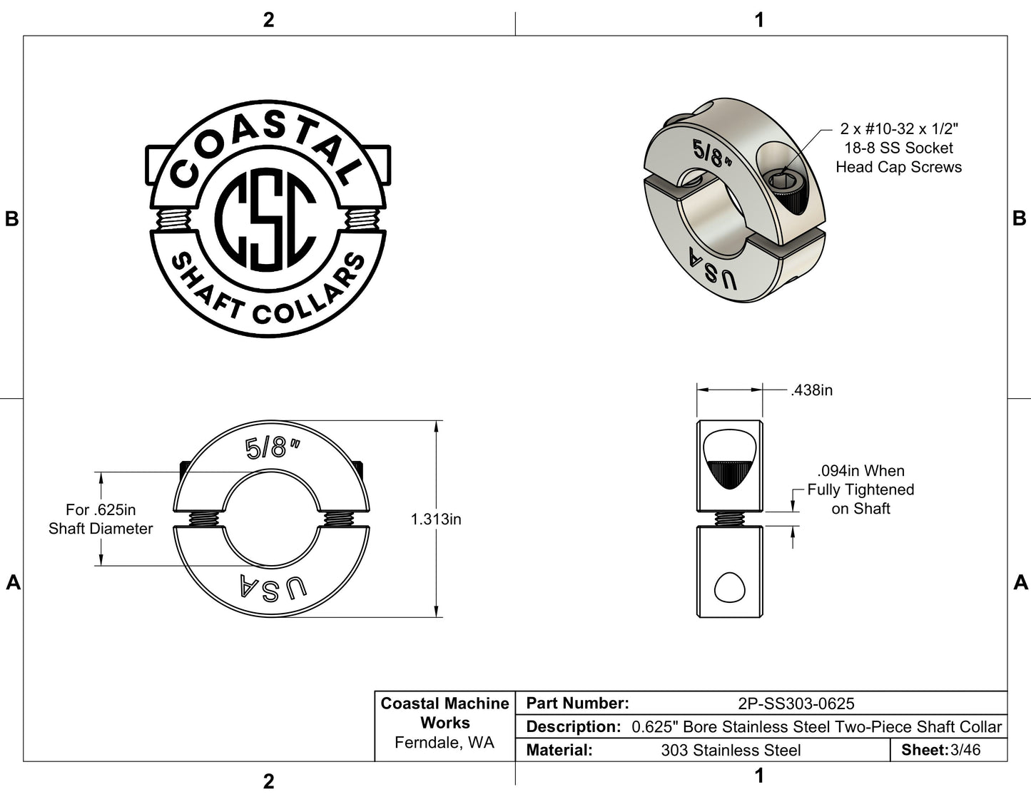 0.625" Diameter - Clamping Two Piece Shaft Collar - 303 Stainless Steel