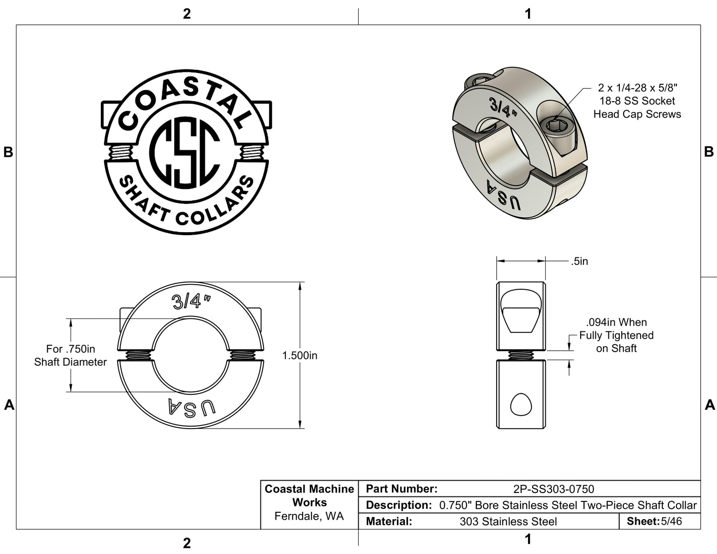 0.75" Diameter - Clamping Two Piece Shaft Collar - 303 Stainless Steel