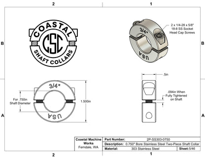 0.75" Diameter - Clamping Two Piece Shaft Collar - 303 Stainless Steel