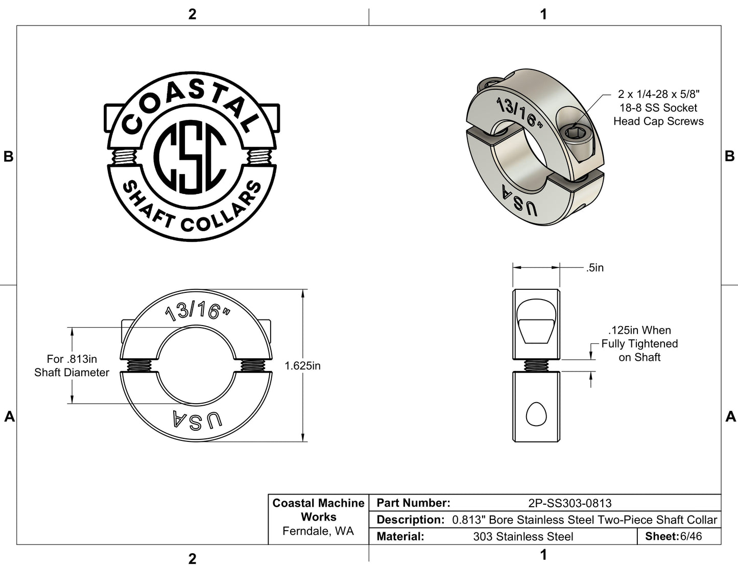 0.813" Diameter - Clamping Two Piece Shaft Collar - 303 Stainless Steel