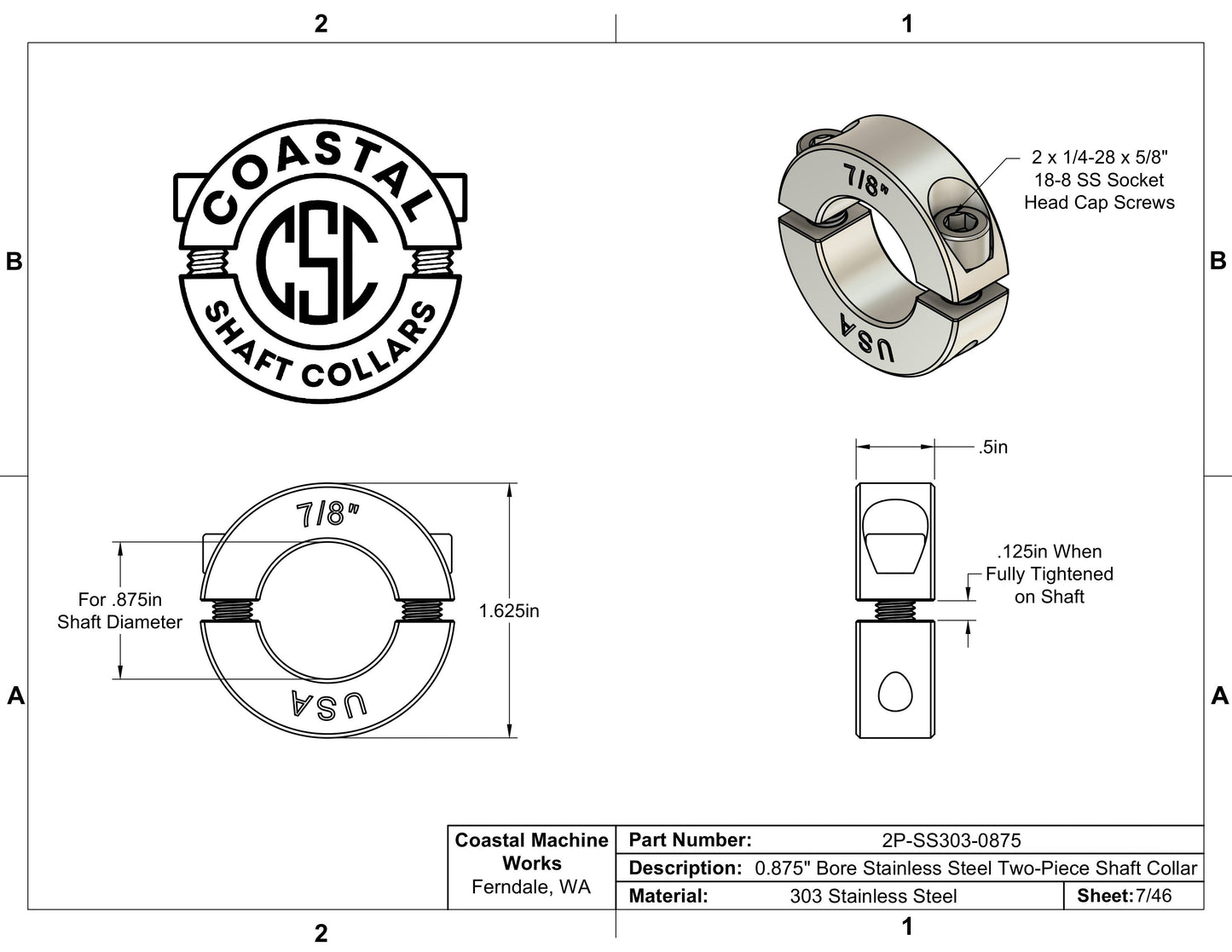 0.875" Diameter - Clamping Two Piece Shaft Collar - 303 Stainless Steel