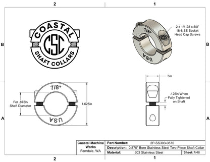 0.875" Diameter - Clamping Two Piece Shaft Collar - 303 Stainless Steel