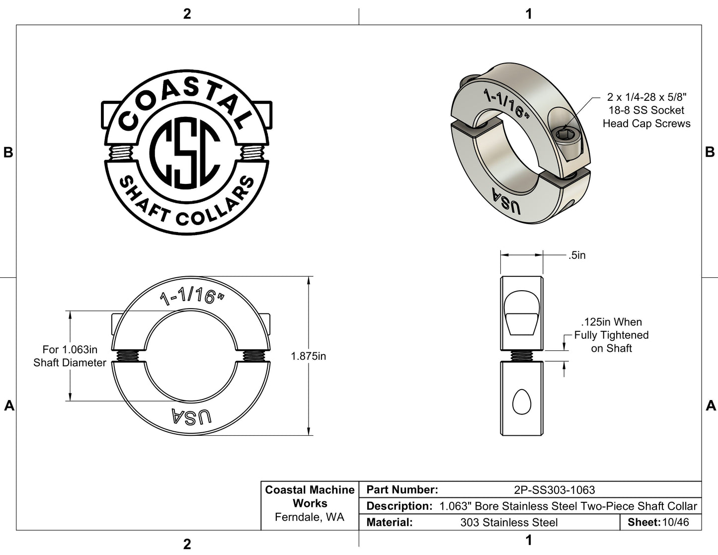 1.063" Diameter - Clamping Two Piece Shaft Collar - 303 Stainless Steel