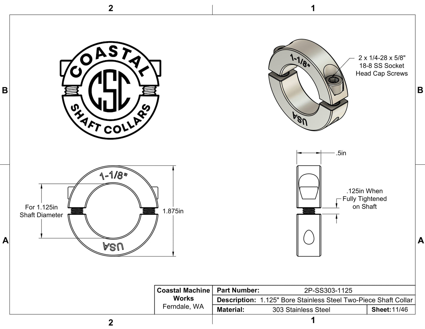 1.125" Diameter - Clamping Two Piece Shaft Collar - 303 Stainless Steel
