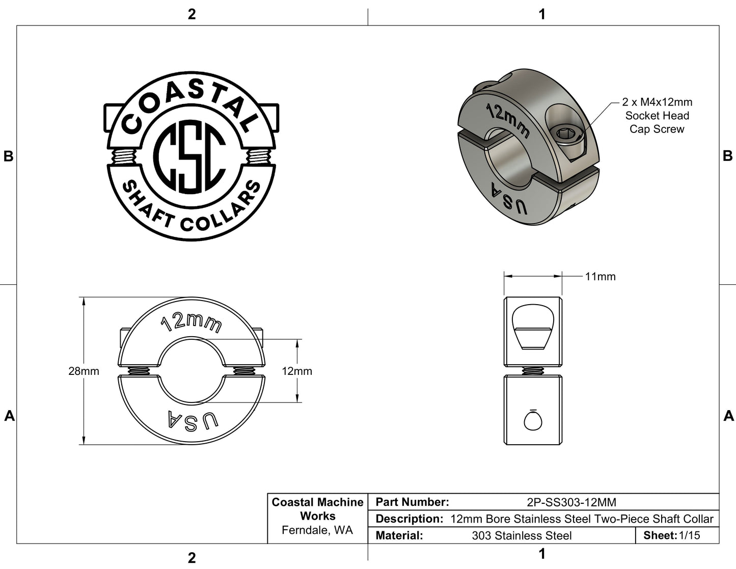 12mm Diameter - Clamping Two Piece Shaft Collar - 303 Stainless Steel