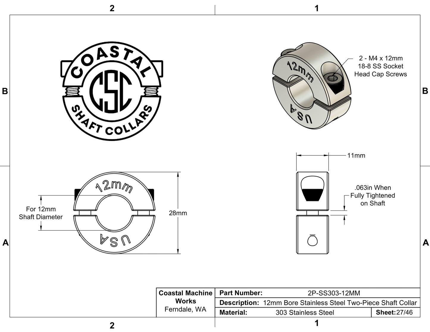 12mm Diameter - Clamping Two Piece Shaft Collar - 303 Stainless Steel