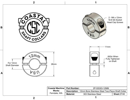 12mm Diameter - Clamping Two Piece Shaft Collar - 303 Stainless Steel