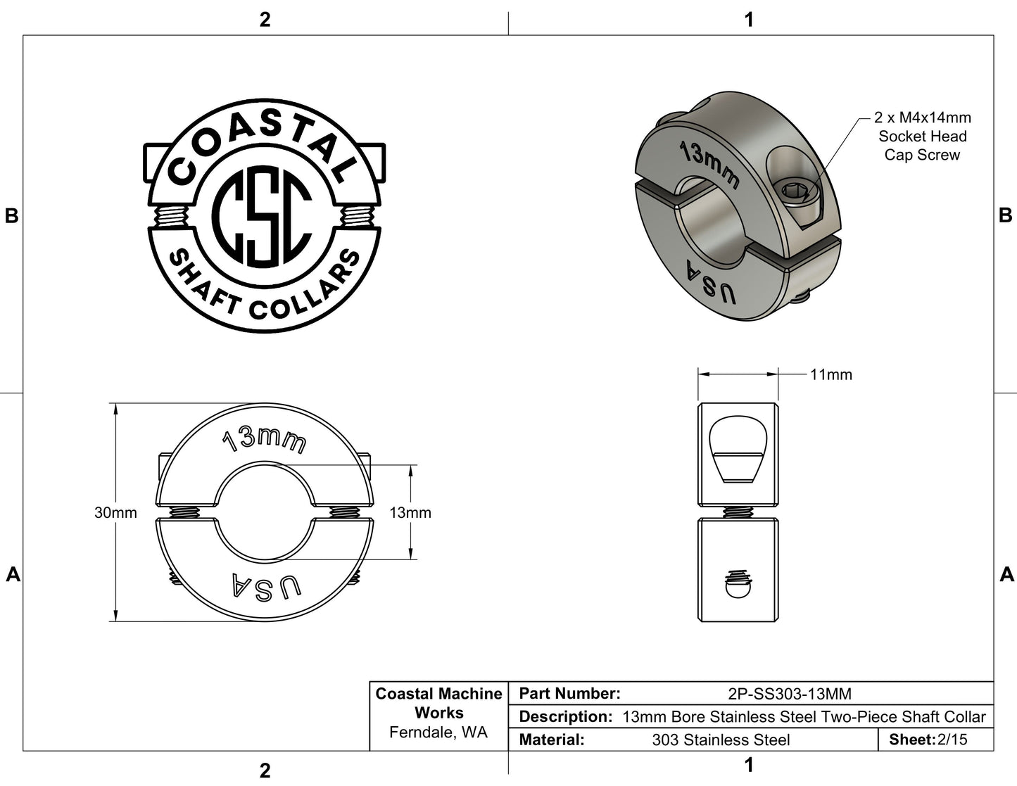 13mm Diameter - Clamping Two Piece Shaft Collar - 303 Stainless Steel