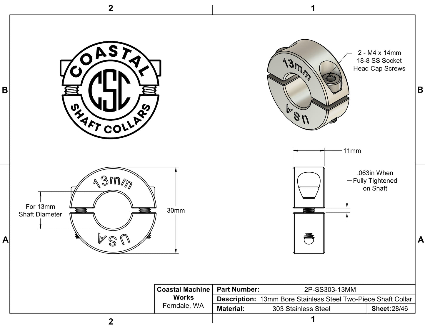 13mm Diameter - Clamping Two Piece Shaft Collar - 303 Stainless Steel
