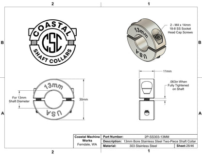 13mm Diameter - Clamping Two Piece Shaft Collar - 303 Stainless Steel