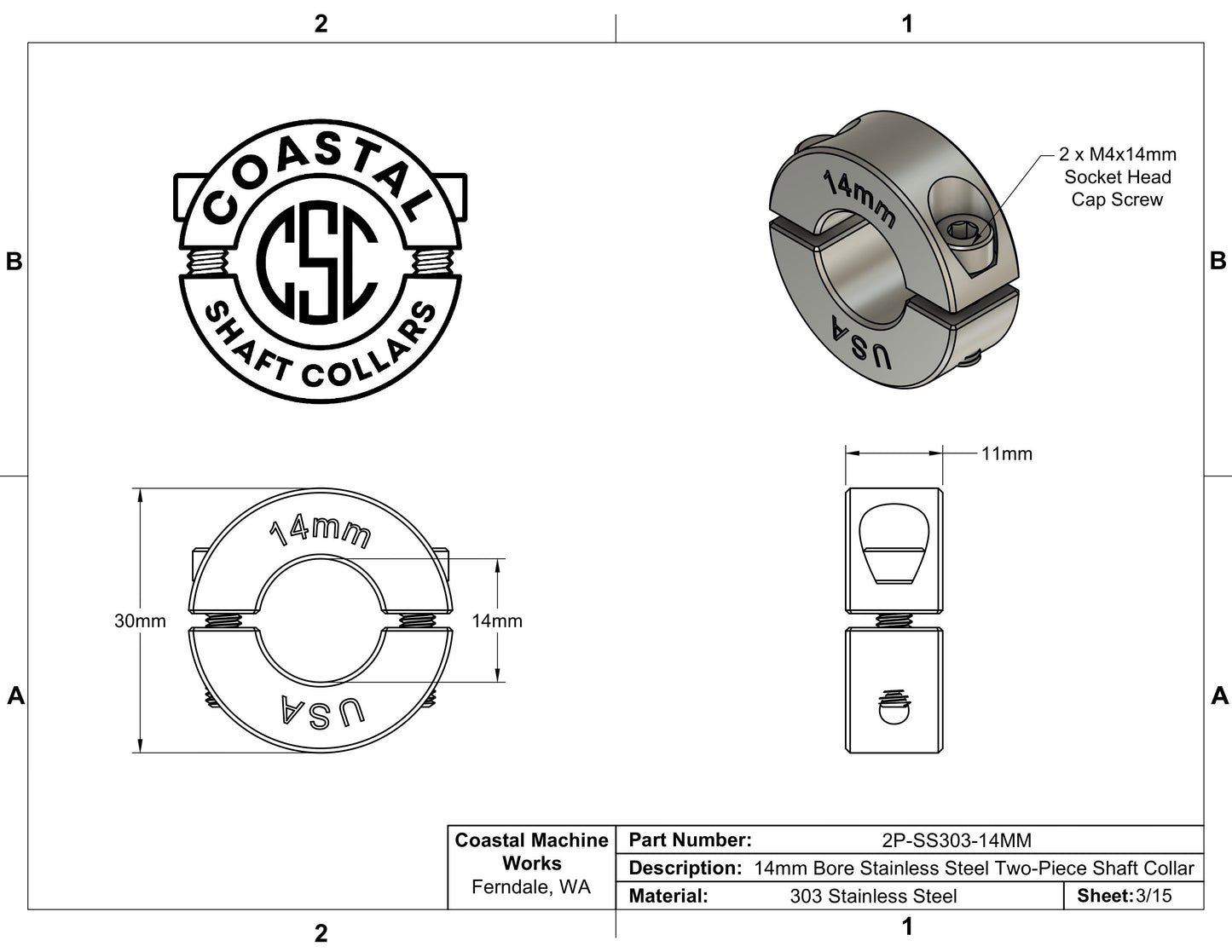 14mm Diameter - Clamping Two Piece Shaft Collar - 303 Stainless Steel