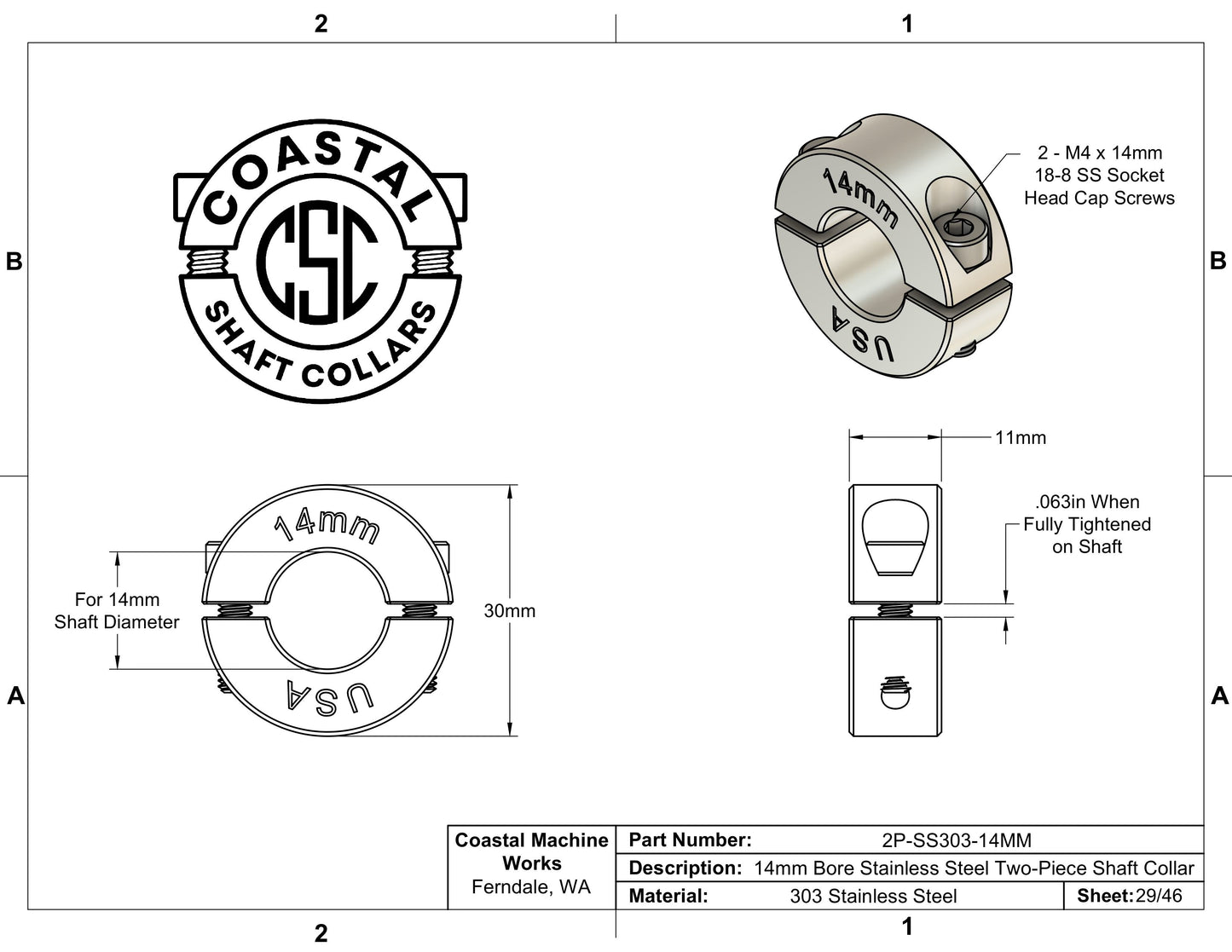 14mm Diameter - Clamping Two Piece Shaft Collar - 303 Stainless Steel
