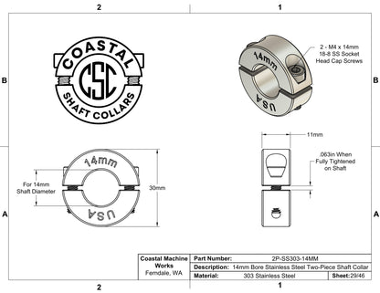 14mm Diameter - Clamping Two Piece Shaft Collar - 303 Stainless Steel