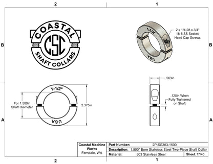 1.50" Diameter - Clamping Two Piece Shaft Collar - 303 Stainless Steel