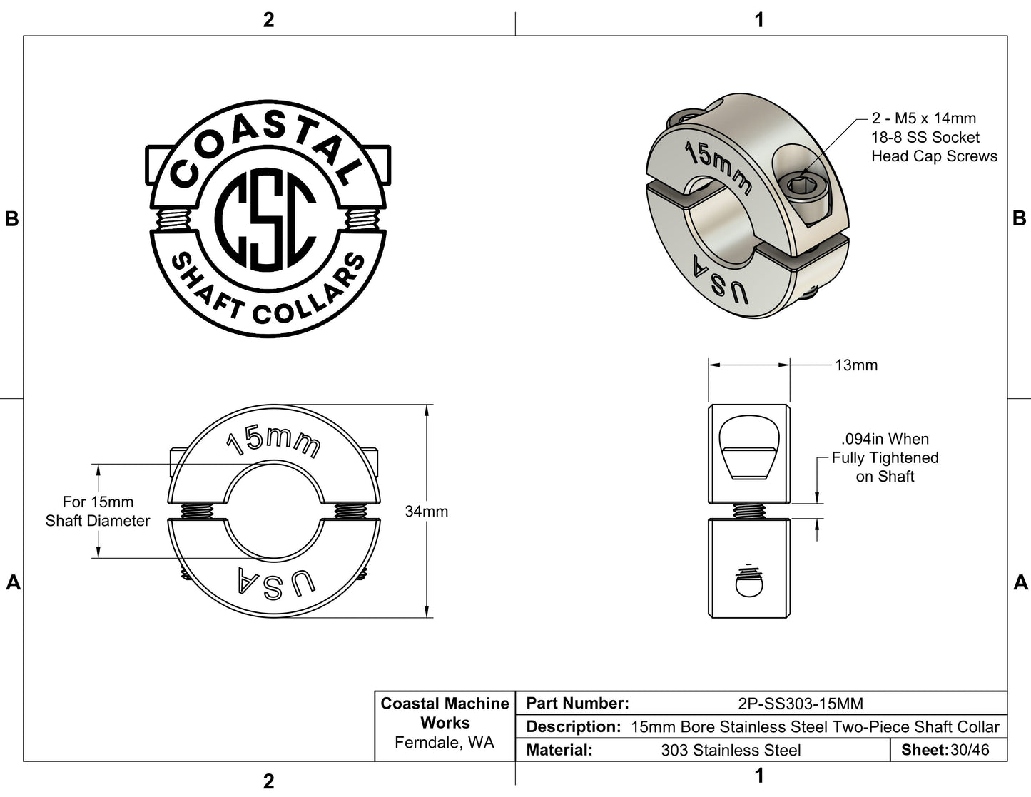 15mm Diameter - Clamping Two Piece Shaft Collar - 303 Stainless Steel