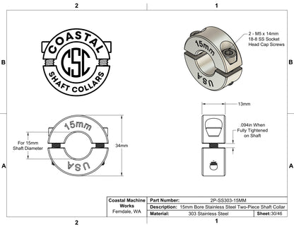 15mm Diameter - Clamping Two Piece Shaft Collar - 303 Stainless Steel