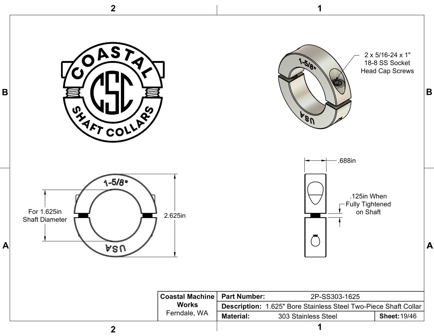 1.625" Diameter - Clamping Two Piece Shaft Collar - 303 Stainless Steel