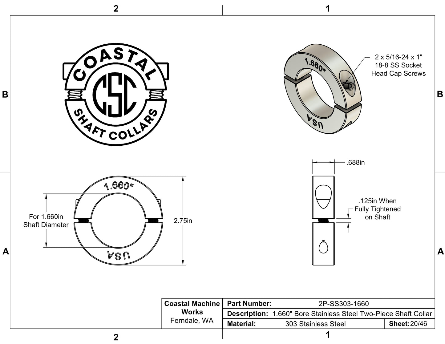 1.66" Diameter - Clamping Two Piece Shaft Collar - 303 Stainless Steel