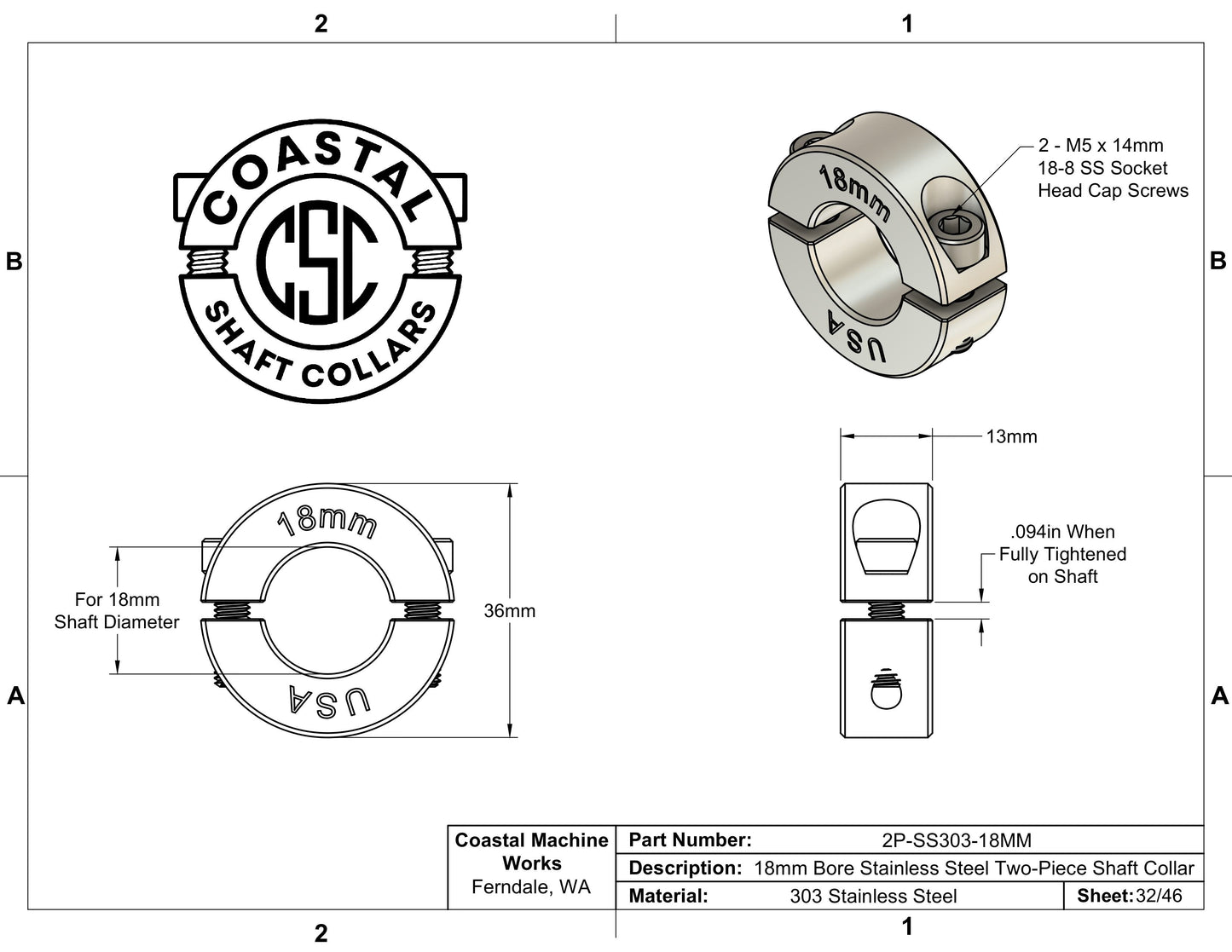18mm Diameter - Clamping Two Piece Shaft Collar - 303 Stainless Steel