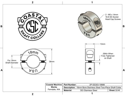 18mm Diameter - Clamping Two Piece Shaft Collar - 303 Stainless Steel