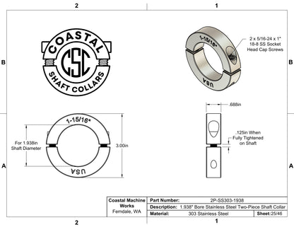 1.938" Diameter - Clamping Two Piece Shaft Collar - 303 Stainless Steel