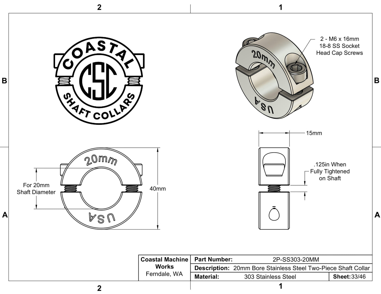 20mm Diameter - Clamping Two Piece Shaft Collar - 303 Stainless Steel