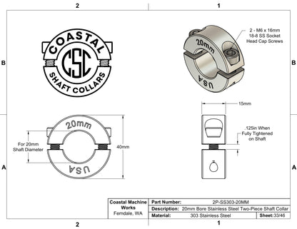 20mm Diameter - Clamping Two Piece Shaft Collar - 303 Stainless Steel