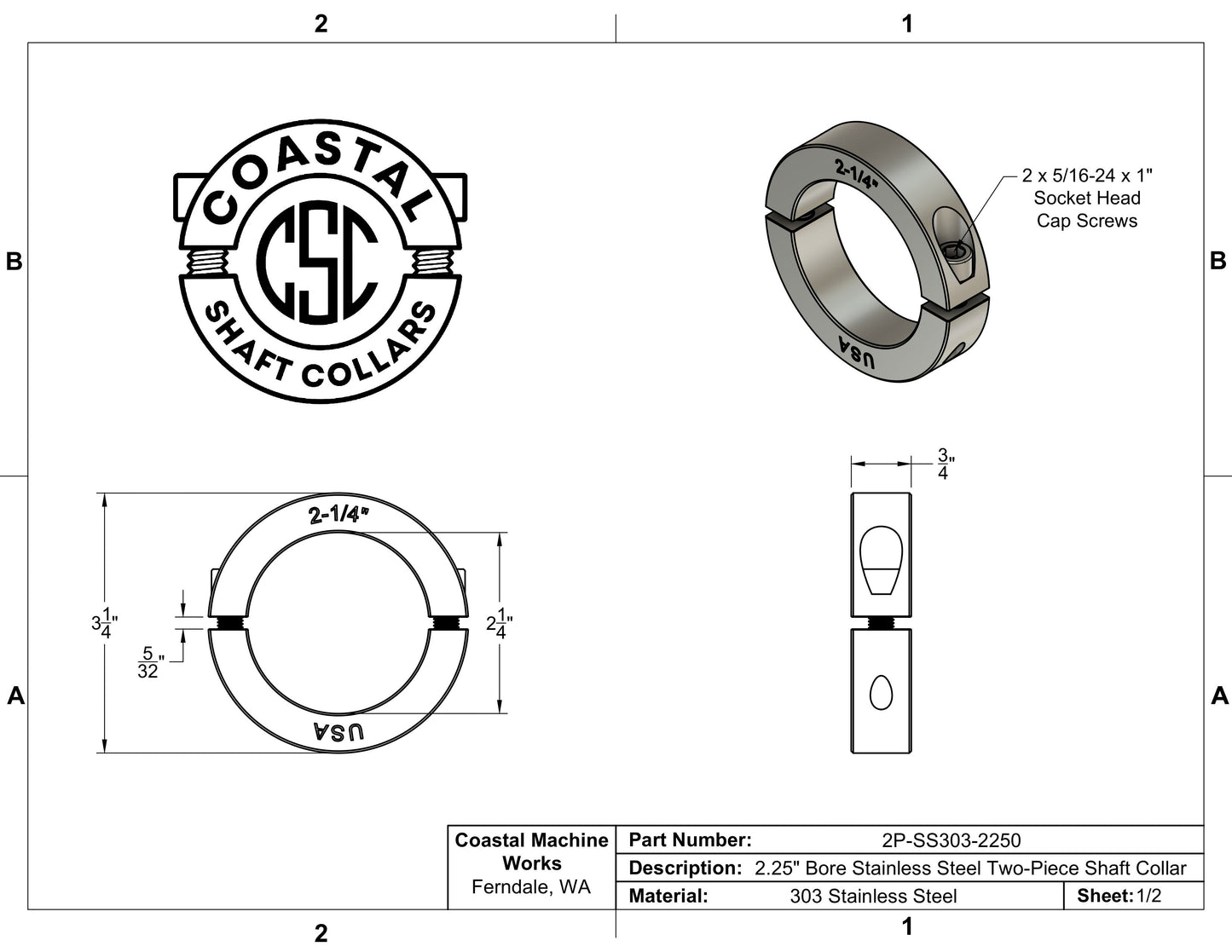 2.25" Diameter - Clamping Two Piece Shaft Collar - 303 Stainless Steel