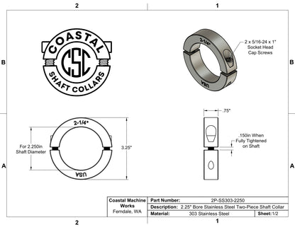 2.25" Diameter - Clamping Two Piece Shaft Collar - 303 Stainless Steel