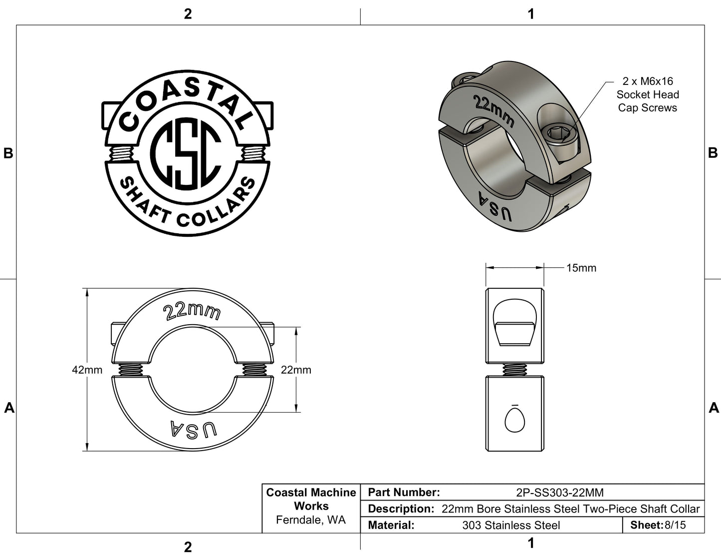 22mm Diameter - Clamping Two Piece Shaft Collar - 303 Stainless Steel