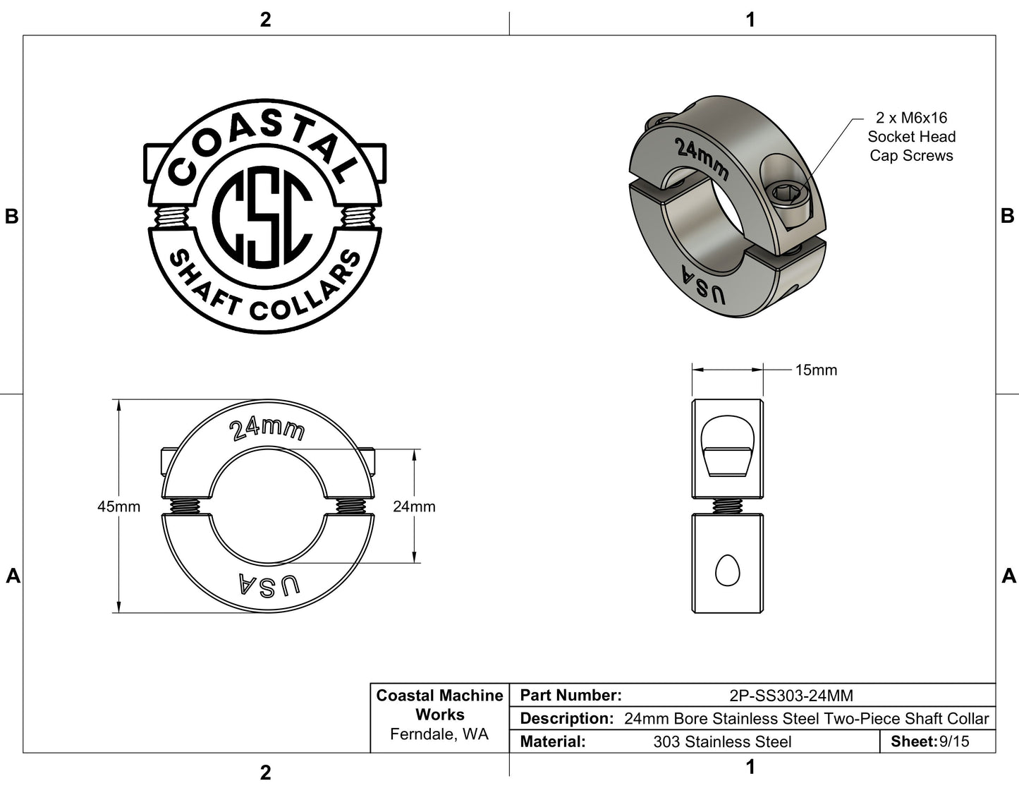 24mm Diameter - Clamping Two Piece Shaft Collar - 303 Stainless Steel