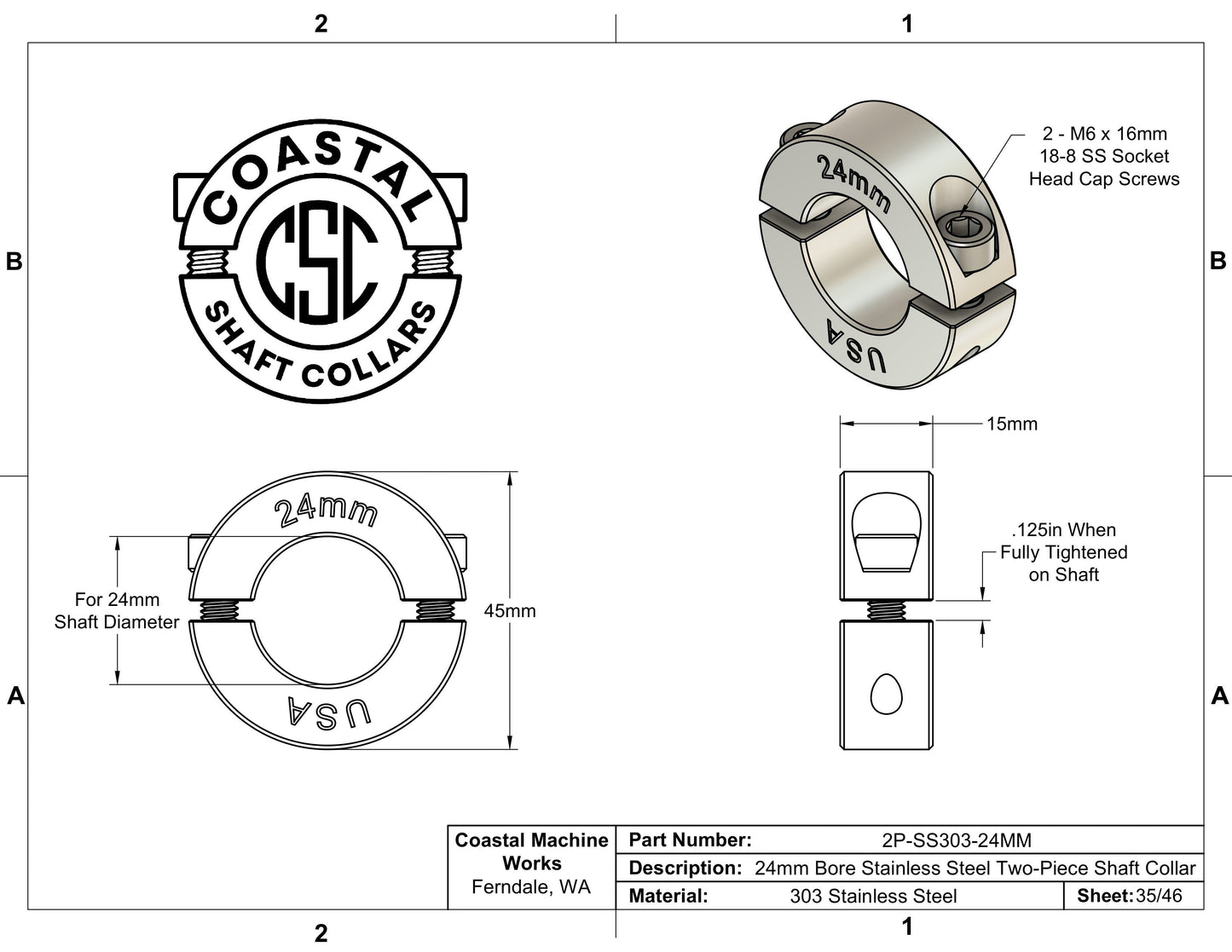 24mm Diameter - Clamping Two Piece Shaft Collar - 303 Stainless Steel