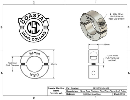 24mm Diameter - Clamping Two Piece Shaft Collar - 303 Stainless Steel